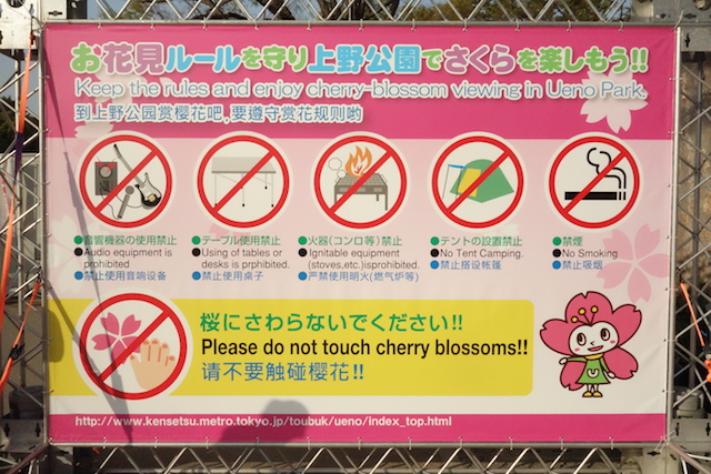 Schild auf Englisch und Japanisch mit Regeln für das Kirschblüten-Feiern im Ueno-Park: keine laute Musik, keine Tische, Grills, Zelte, Rauchen verboten. Die Kirschblüten sollen nicht berührt werden. Eine niedliche Strichfigur in Form einer Kirschblüte erklärt dies.