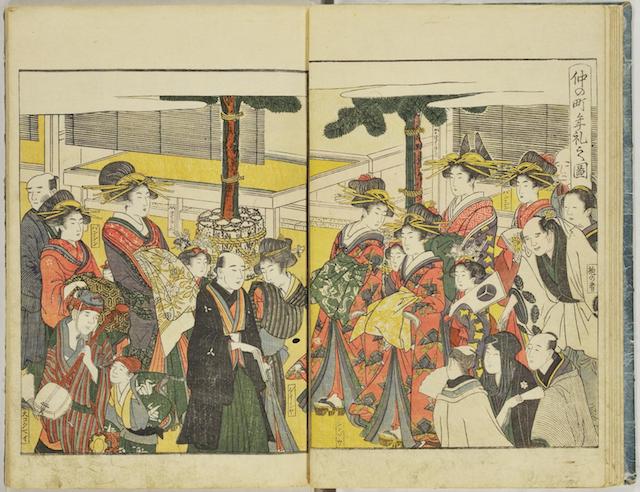 Doppelseite aus einem Leseheft der Edo-Zeit, kolorierter Holzblockdruck mit einer Szene aus dem Freudenviertel mit zahlreichen Kurtisanen und einigen Männern beim Flanieren