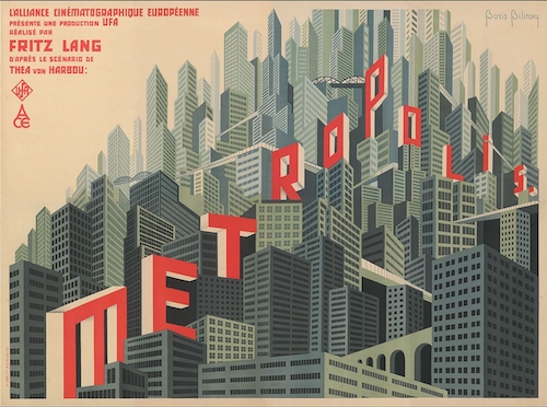 Berühmtes Filmposter von „Metropolis“ mit der stufenweisen Anordnung von vielen grauen, dicht zusammengedrängten Hochhäusern. Auf den Dächern einiger Häuser stehen die roten Großbuchstaben M E T R O P O L I S.