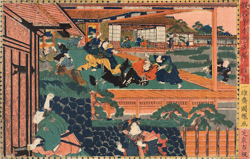 Holzblockdruck eines Holzkorridors, Samurai im Gerangel miteinander