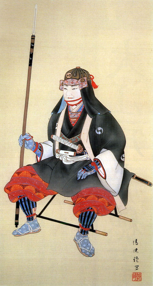 Portrait des Ōishi Kuranosuke, sitzend in Ausrüstung eines Samurai, ein Langdolch in der Hand