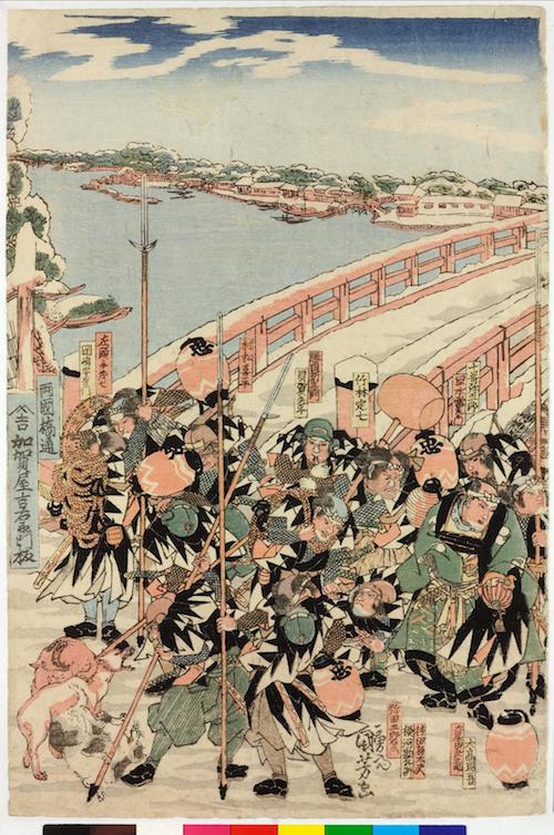 Triptychon: Die Männer in der Uniform der Feuerbrigaden sammeln sich vor der Ryōgoku-Brücke.