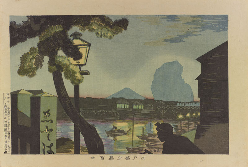 Holzblockdruck von Kobayashi Kiyochika, Schatten einer Person, im Hintergrund der Fuji.