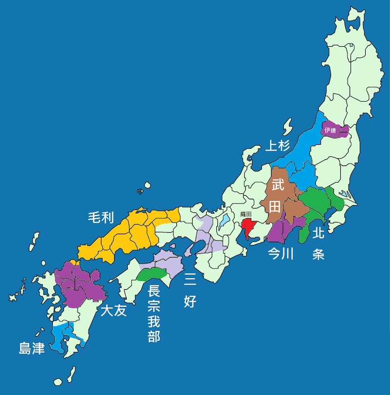 Landkarte von Japan mit eingezeichneten Machtbereichen im 16. Jahrhundert.