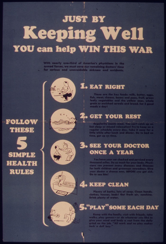 Baues Poster mit der Auslistung von fünf Gesundheitsregeln.