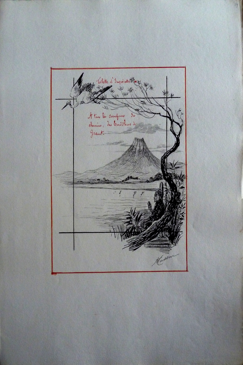 Skizze von einem Baum, im Hintergrund der Berg Fuji.