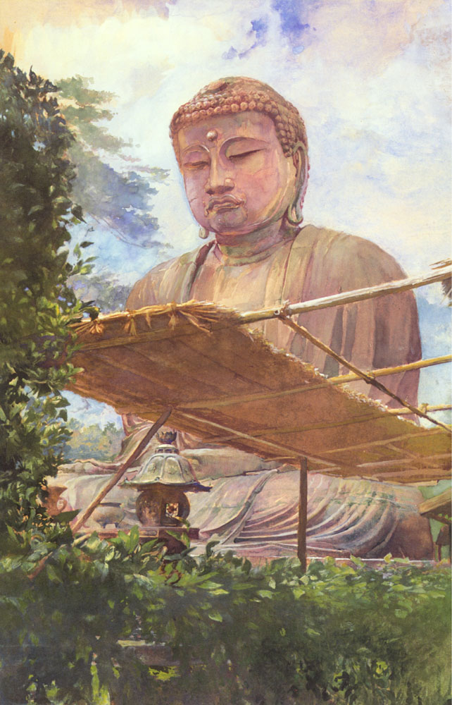 Blick von unten hinauf zur Buddha-Figur, die teilweise von einem Schilfdach und von Gebüsch verdeckt wird.