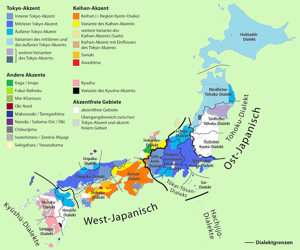 Bunte Landkarte Japans mit den verschiedenen Dialektbereichen.