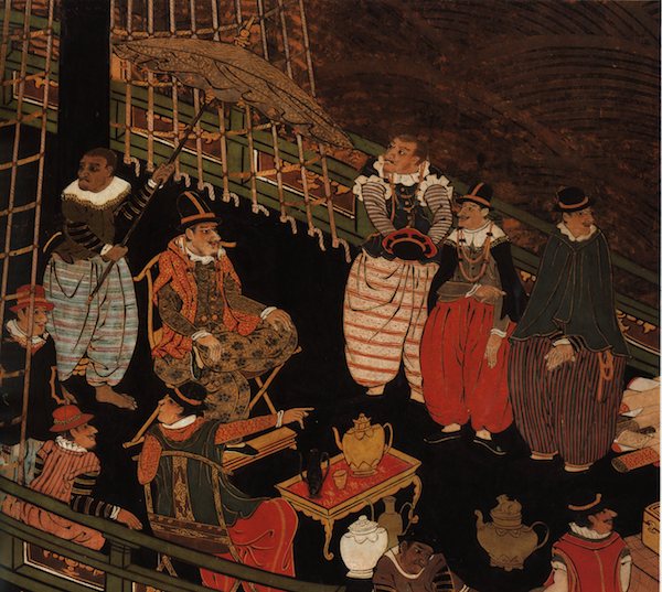 Portugiesen in weiten Plüschhosen mit ihren Dienern auf ihrem Schiff.