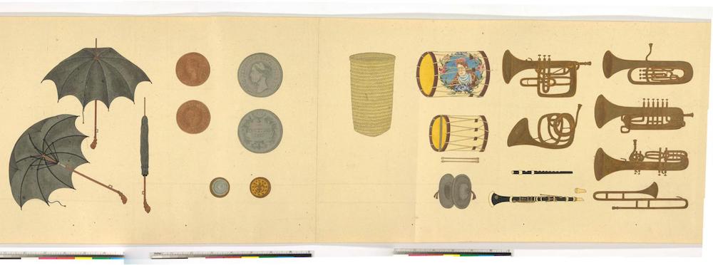 Weiterer Ausschnitt aus Bildrolle mit Abbildungen von Schirmen, Münzen, Schlag- und Blasinstrumenten.