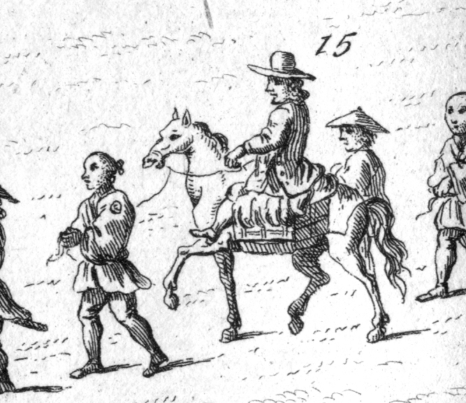 Ausschnitt aus dem Menschenzug: Europäer auf einem Pferd, begleitet von japanischen Lastenträgern.