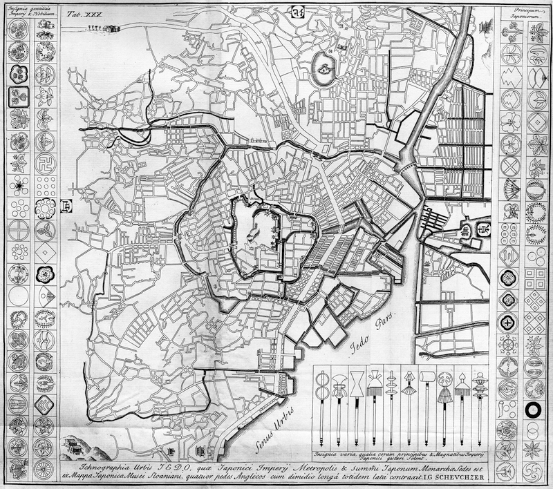 Stadtplan in Schwarzweiß von Edo; dickere Linien umreißen den Grund um die Burg und um die Unter- und Oberstadt.