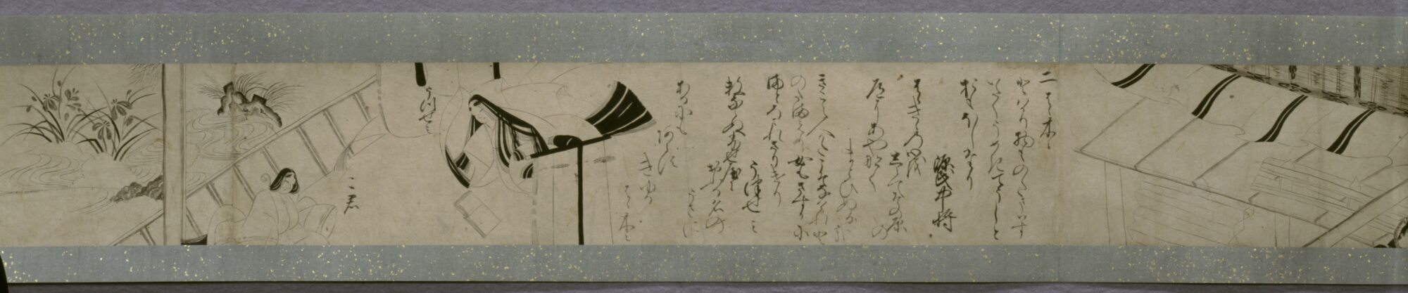 Ausschnitt einer aufgerollten Bildrolle des „Genji monogatari“, Text und Bild im Wechsel.