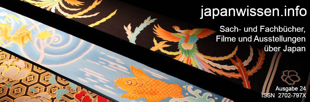 Headerbild 24 Bunt gemusterte Kimono-Gürtel (obi) vor schwarzem Hintergrund, darauf die weiße Schrift "japanwissen.info / Sach- und Fachbücher, Filme und Ausstellungen über Japan", Nummer der Ausgabe, ISSN 2702-797X